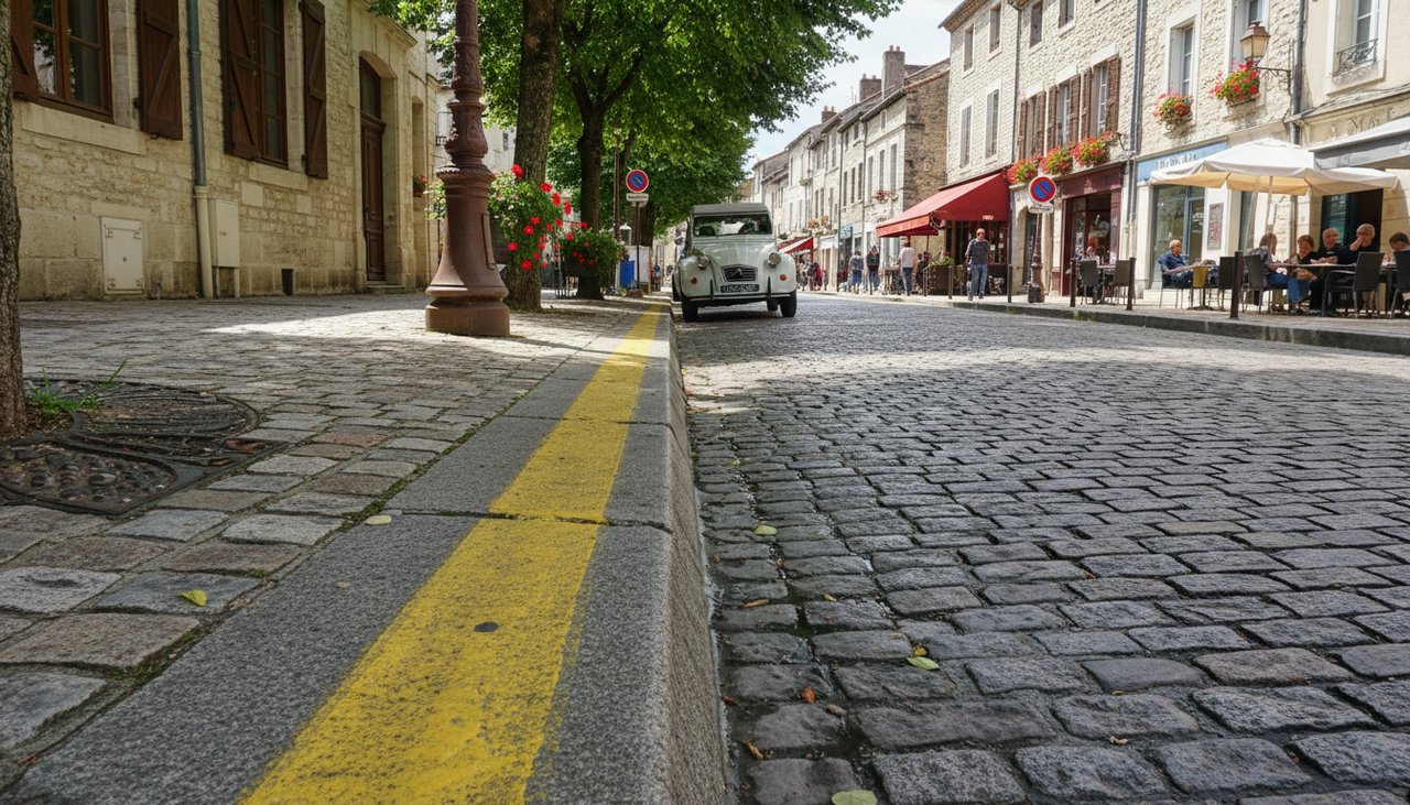 Ligne jaune continue peinte au sol le long d'un trottoir en ville française indiquant le stationnement interdit