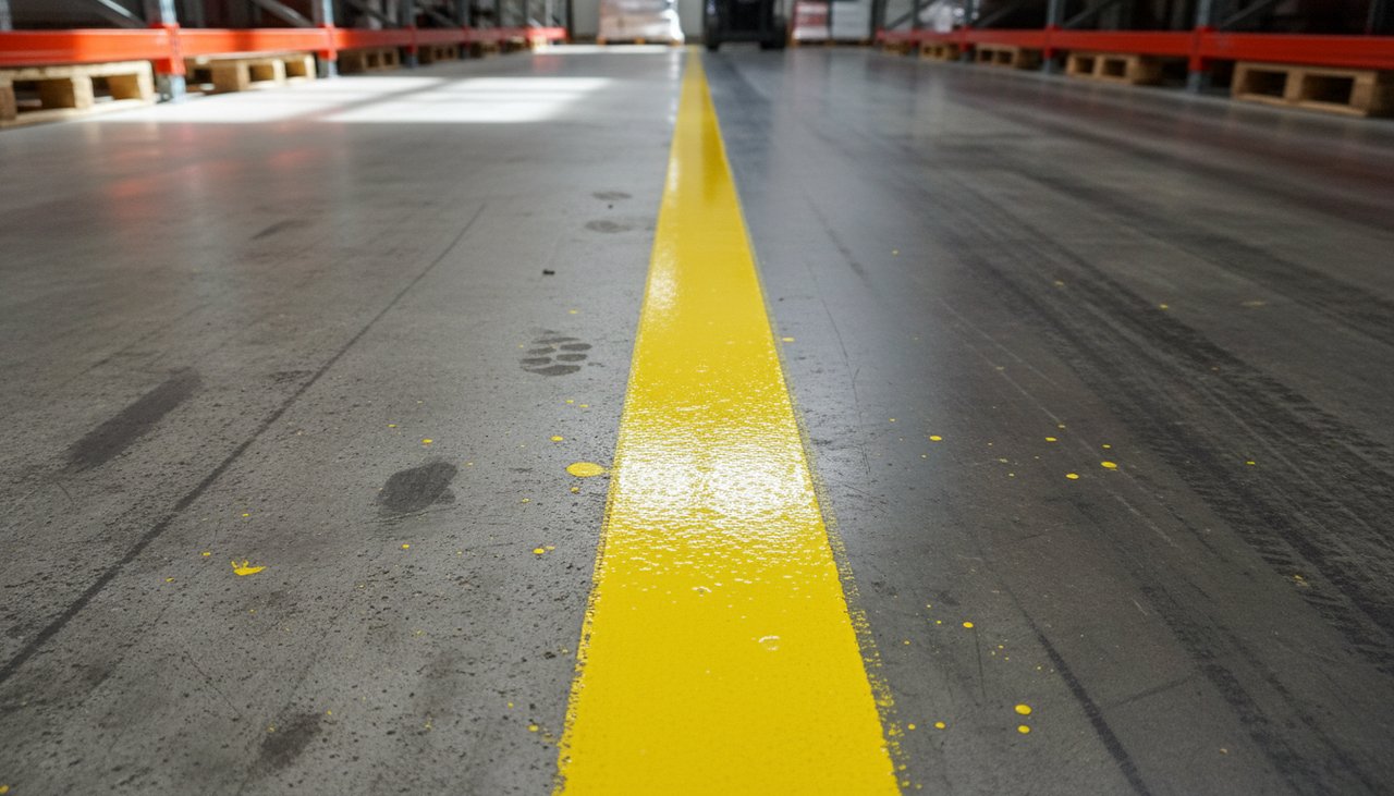 Gros plan sur une ligne de marquage au sol jaune fraîchement peinte séparant une allée piétonne d'une voie de circulation chariot élévateur