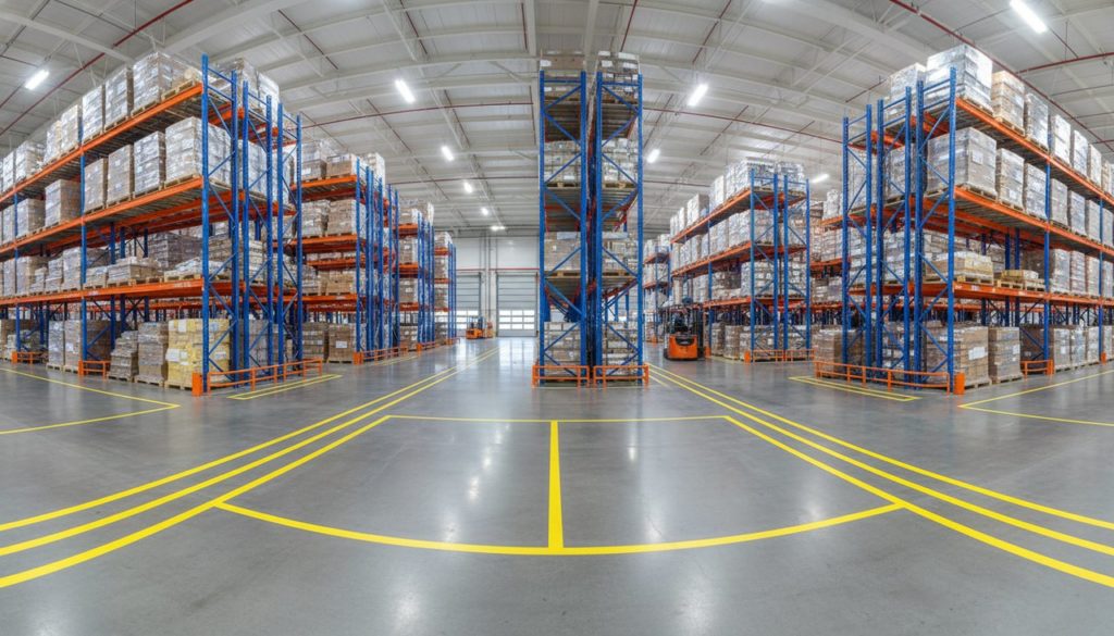 Large entrepôt logistique avec marquage au sol jaune délimitant les allées piétonnes et zones de stockage