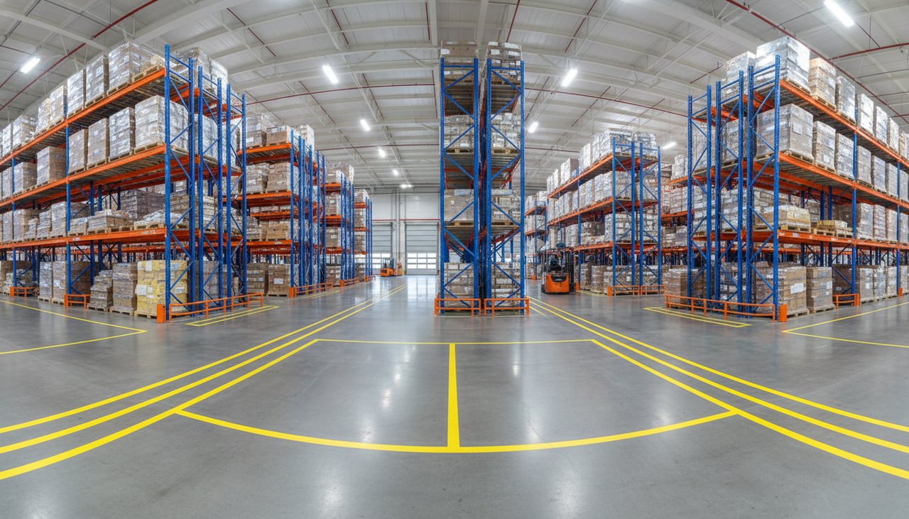 Large entrepôt logistique avec marquage au sol jaune délimitant les allées piétonnes et zones de stockage