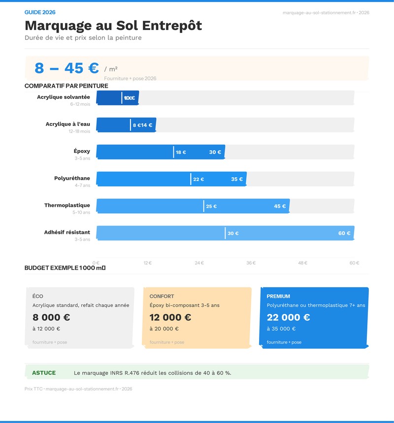Infographie présentant le code couleur réglementaire du marquage au sol en entrepôt selon les recommandations INRS 2026