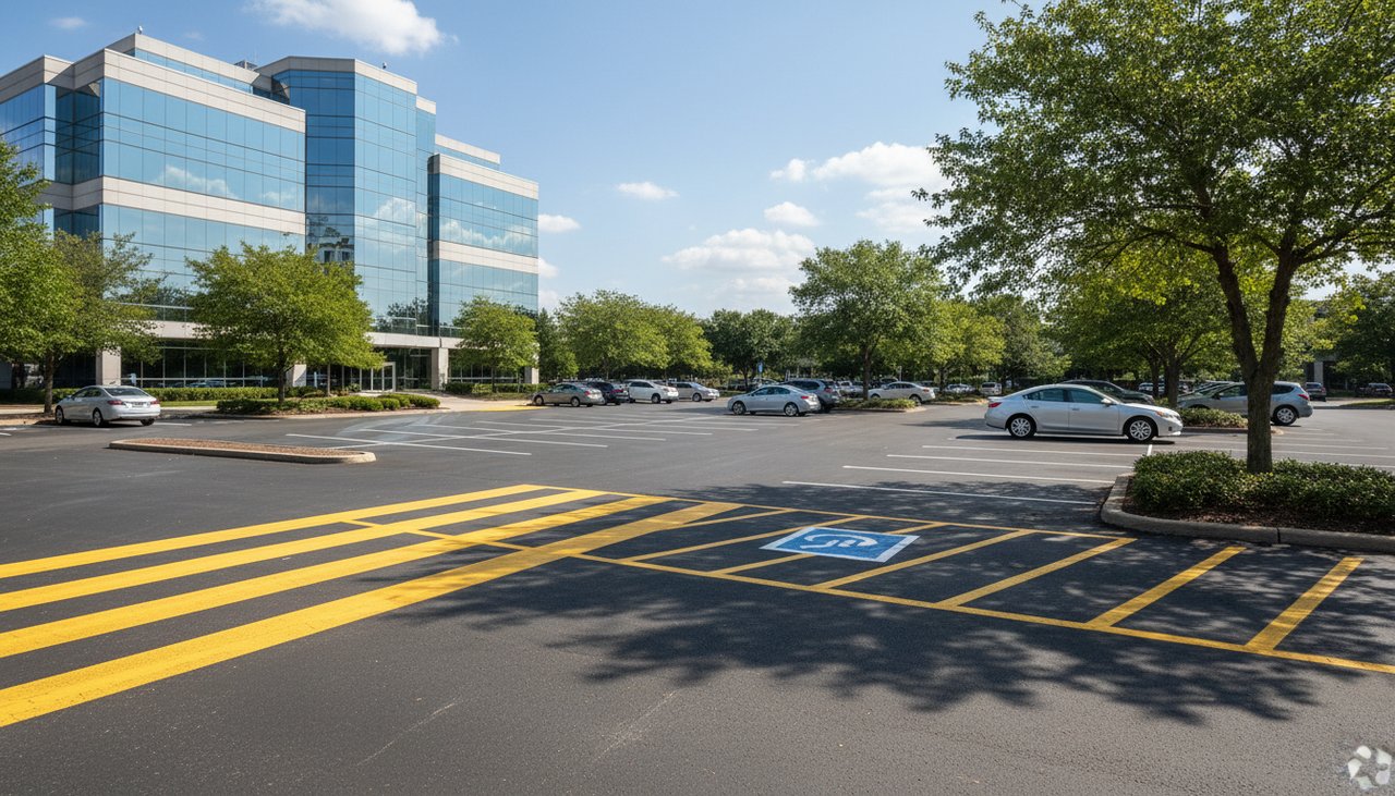 Parking d'entreprise avec marquage blanc des places de stationnement et passage piéton peint en jaune