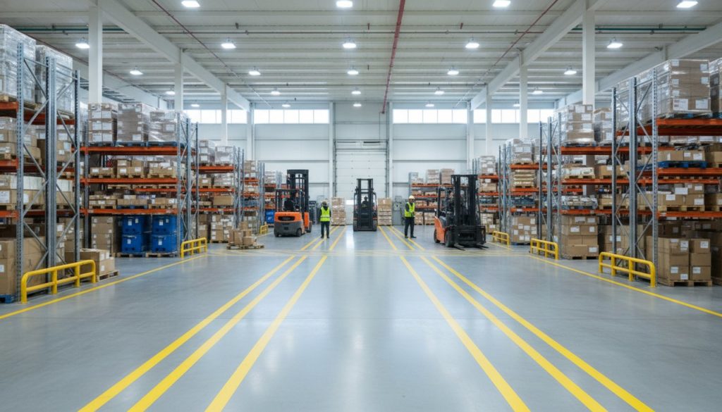 Marquage au sol jaune délimitant une allée piétonne dans un entrepôt industriel