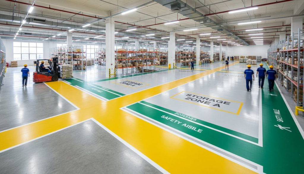 Marquage au sol coloré dans un entrepôt logistique français avec zones piétonnes et allées chariots