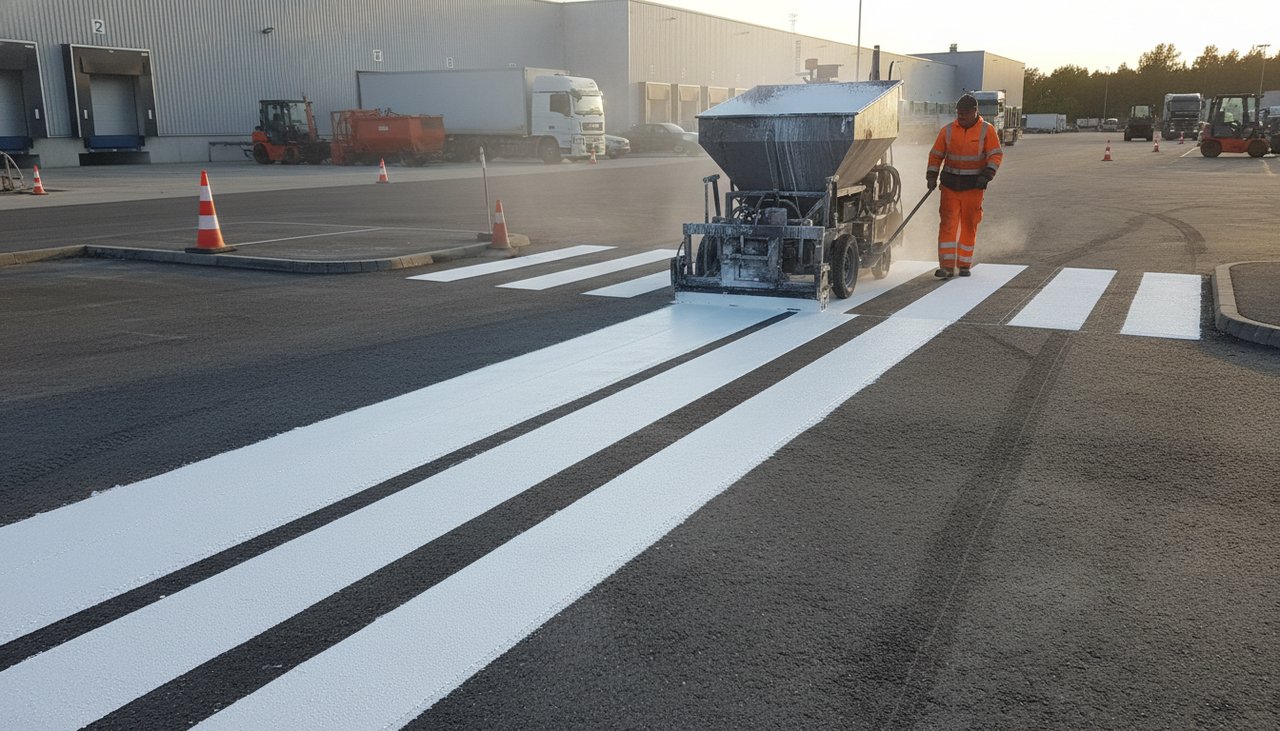 Machine de marquage thermoplastique en action sur une voirie de parking industriel