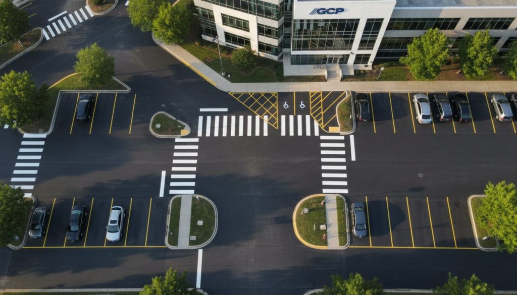 Passage piéton fraîchement marqué en blanc sur un parking d'entreprise privé