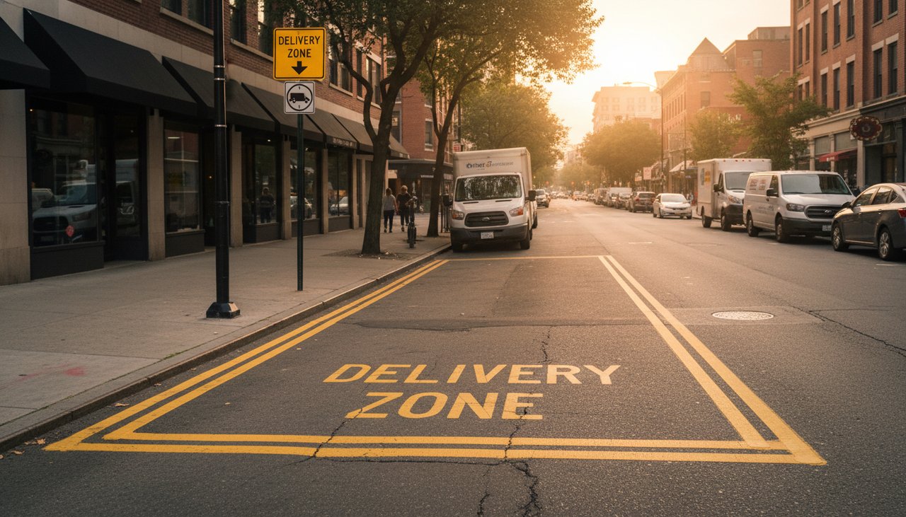 Zone de livraison avec marquage jaune et signalisation verticale sur voie publique urbaine
