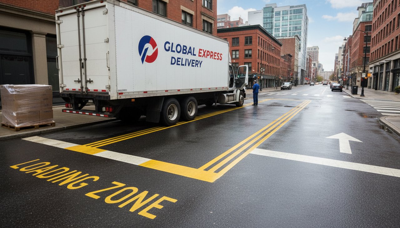 Équipement de traçage professionnel appliquant une ligne jaune continue le long d'un trottoir pour zone de livraison