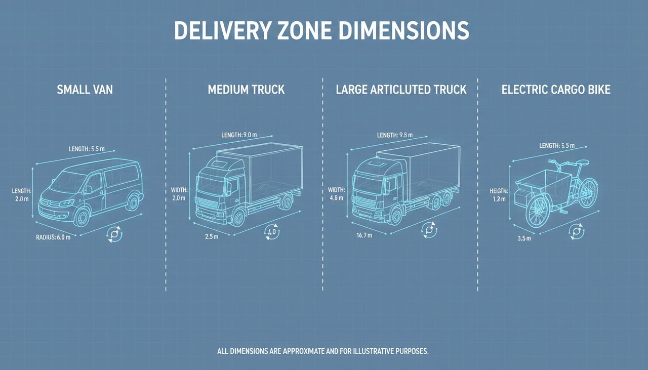 Infographie : Dimensions réglementaires zone de livraison selon le véhicule 2026