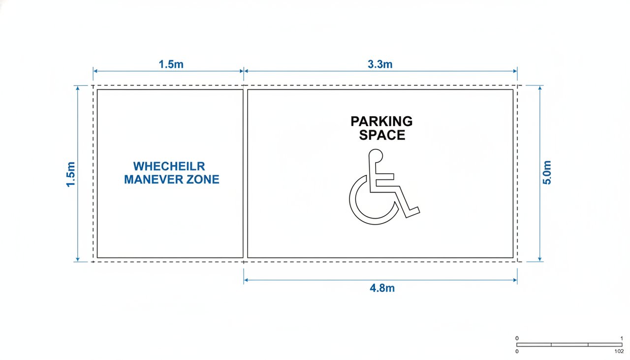 Schéma dimensions place handicapé avec espace de manœuvre 1,5m