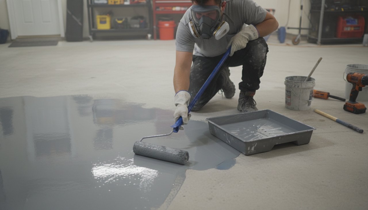 Application de peinture époxy antidérapante sur sol béton de garage avec rouleau
