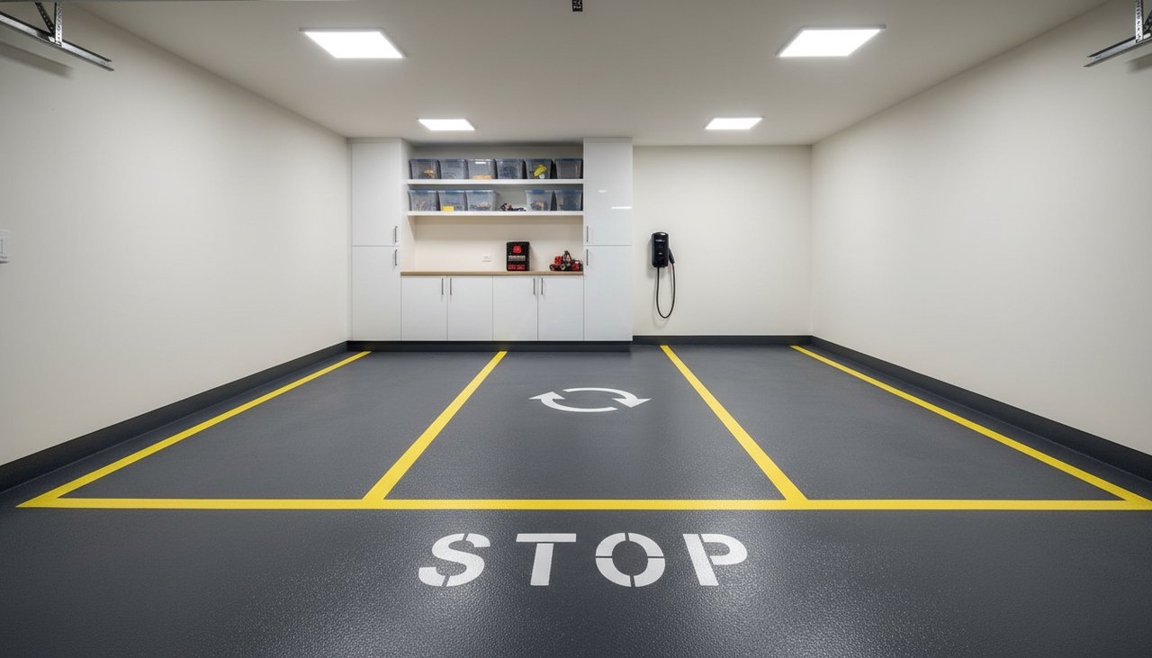 Sol de garage terminé avec peinture époxy grise antidérapante et marquage au sol jaune