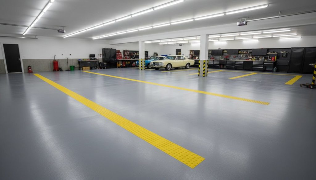 Sol de garage peint en gris avec bandes antidérapantes jaunes, finition professionnelle