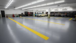 Sol de garage peint en gris avec bandes antidérapantes jaunes, finition professionnelle