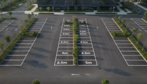 Vue aérienne d'un parking avec marquage des places de stationnement standard