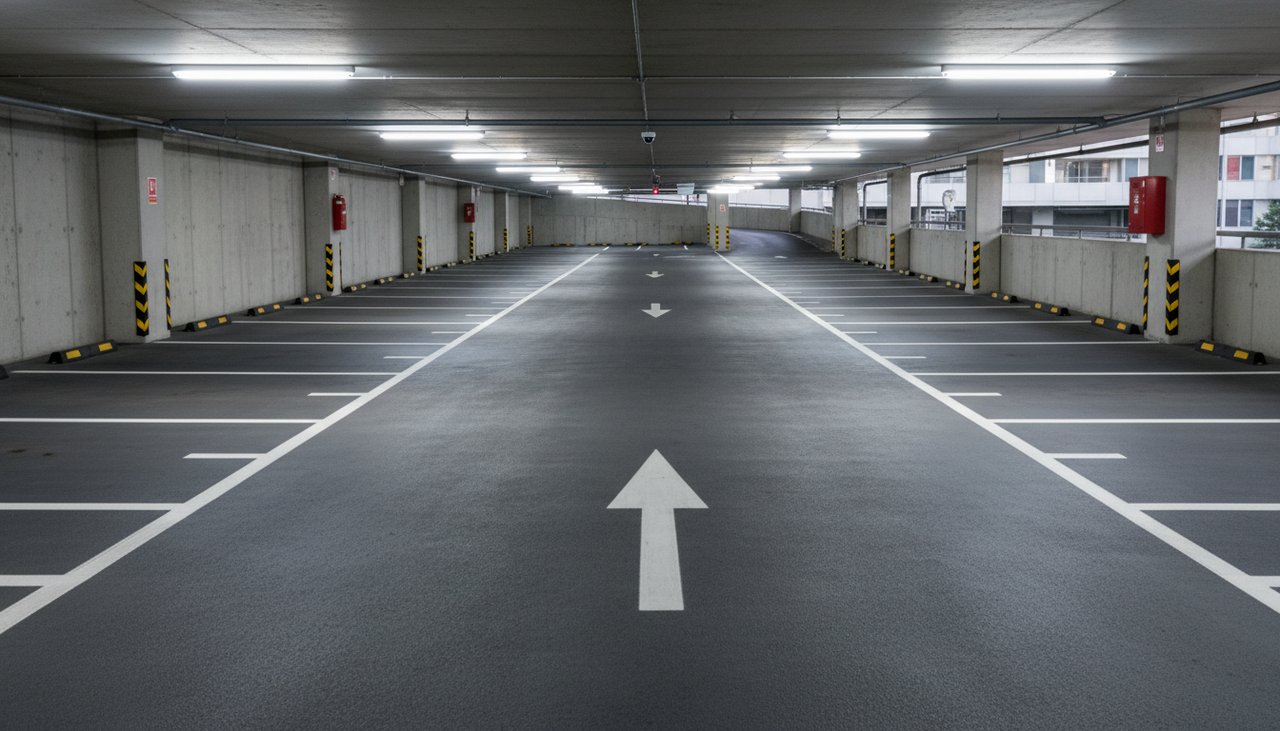 Intérieur d'un parking souterrain avec marquage blanc des places de stationnement