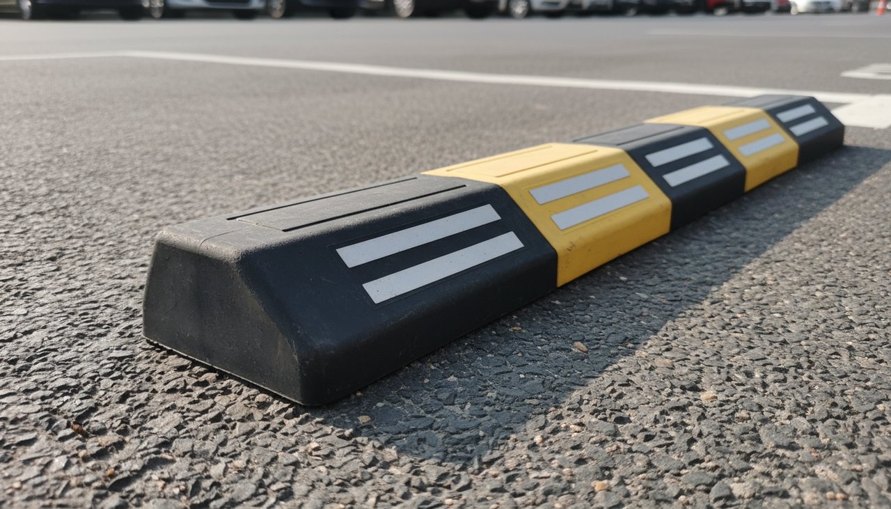 Plot de stationnement en caoutchouc noir et jaune avec réflecteurs sur parking privé