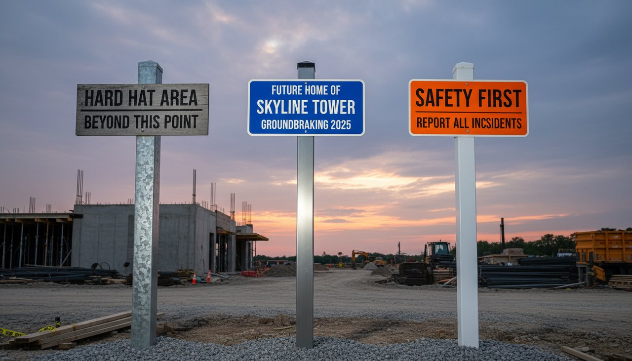 Trois poteaux de signalisation cote a cote en acier alu et plastique sur un chantier