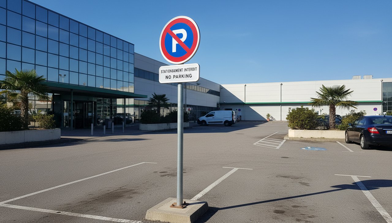Poteau de signalisation avec panneau de stationnement reglemente fixe sur parking d entreprise
