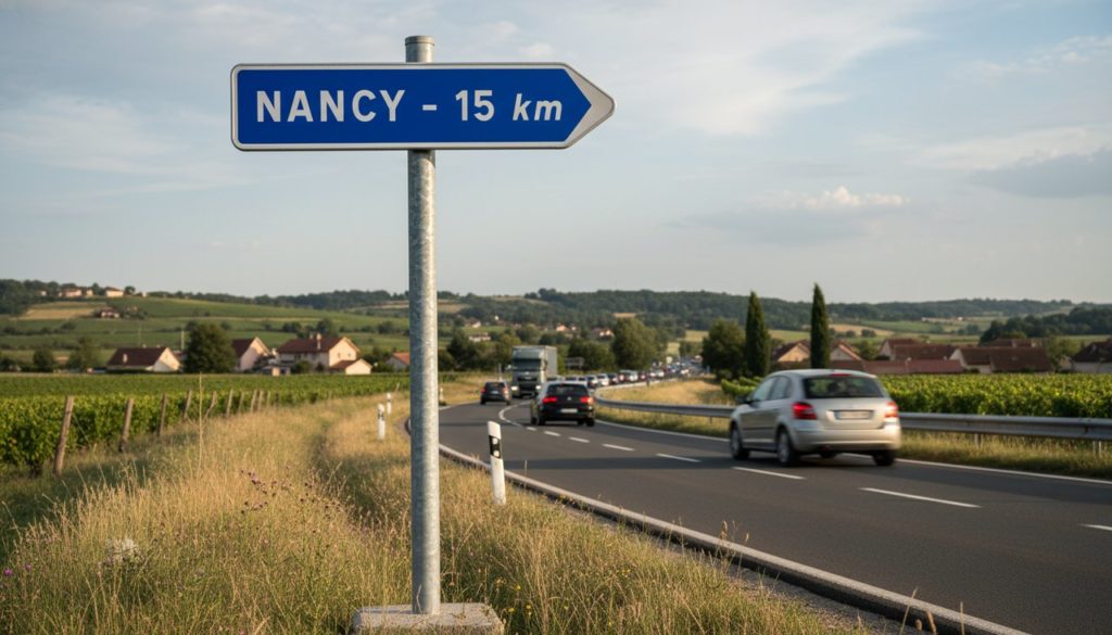 Poteau de signalisation route en metal galvanise plante en bordure de chaussee francaise