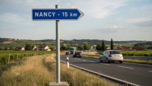 Poteau de signalisation route en metal galvanise plante en bordure de chaussee francaise