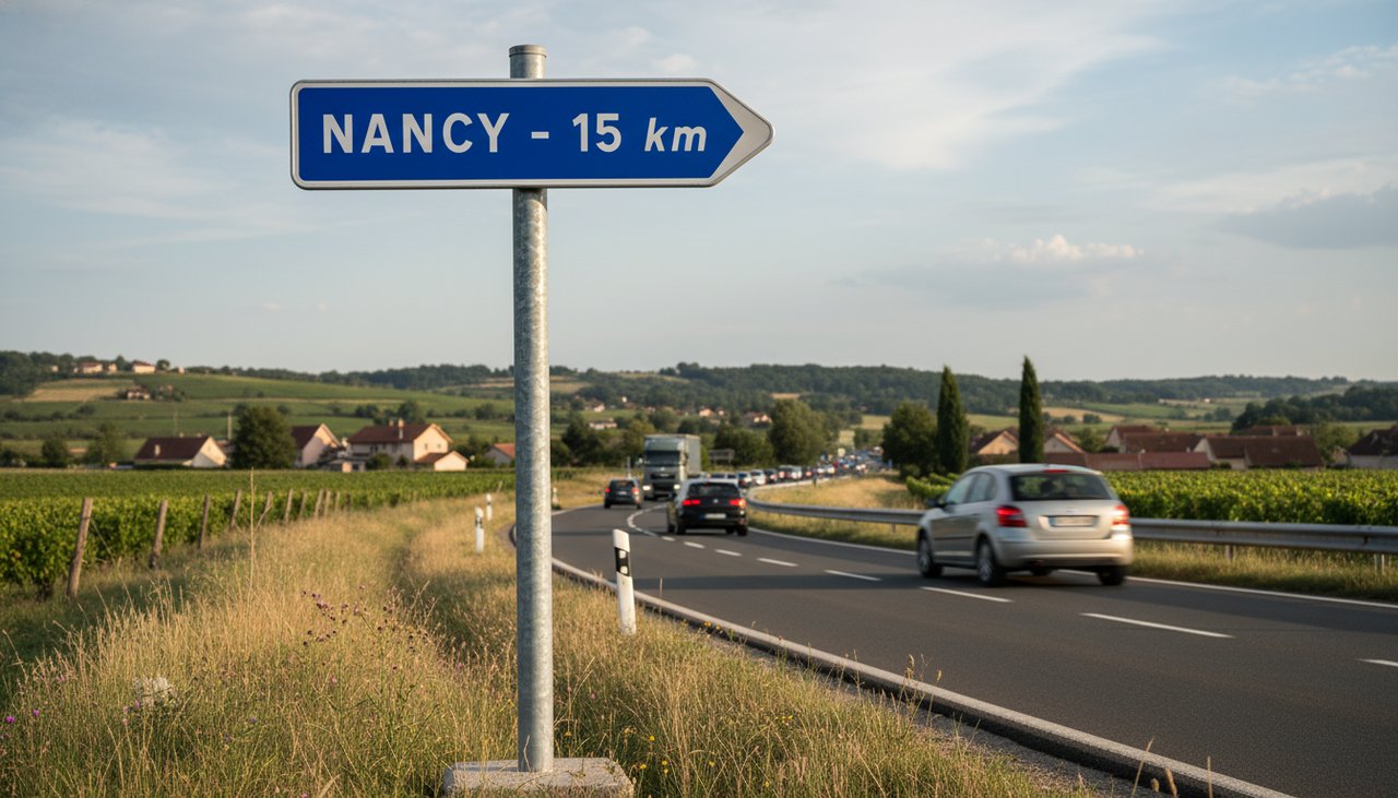 Poteau de signalisation route en metal galvanise plante en bordure de chaussee francaise