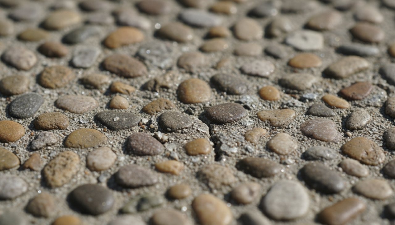 Detail rapproche d'une surface de beton desactive avec galets de riviere apparents