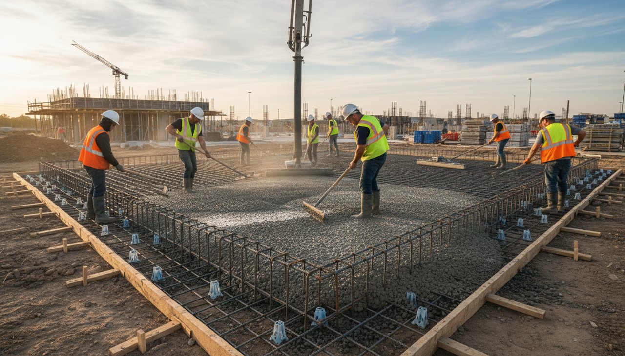 Coulage de beton desactive sur dalle prepare avec armature treillis sur chantier