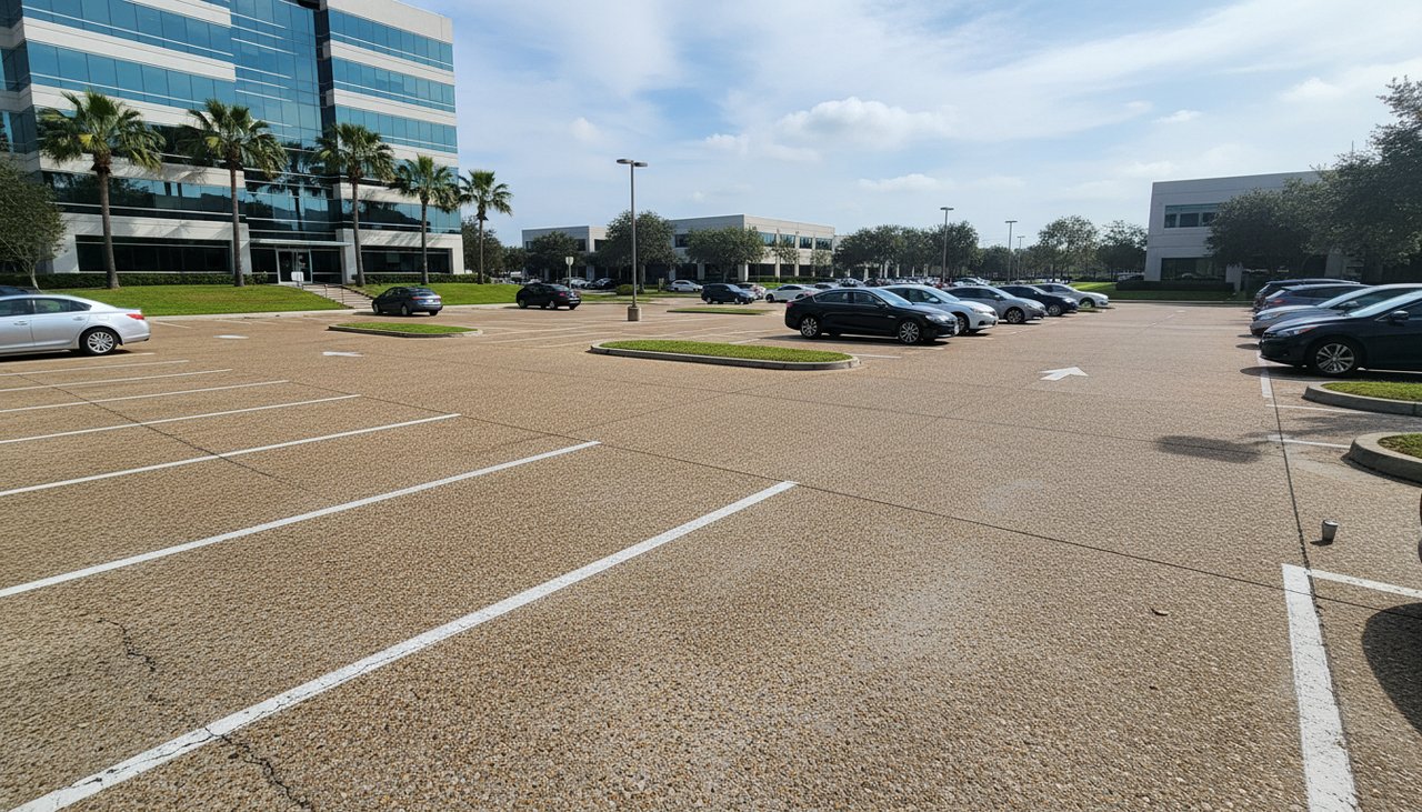 Parking entreprise avec beton desactive teinte beige et marquage au sol blanc
