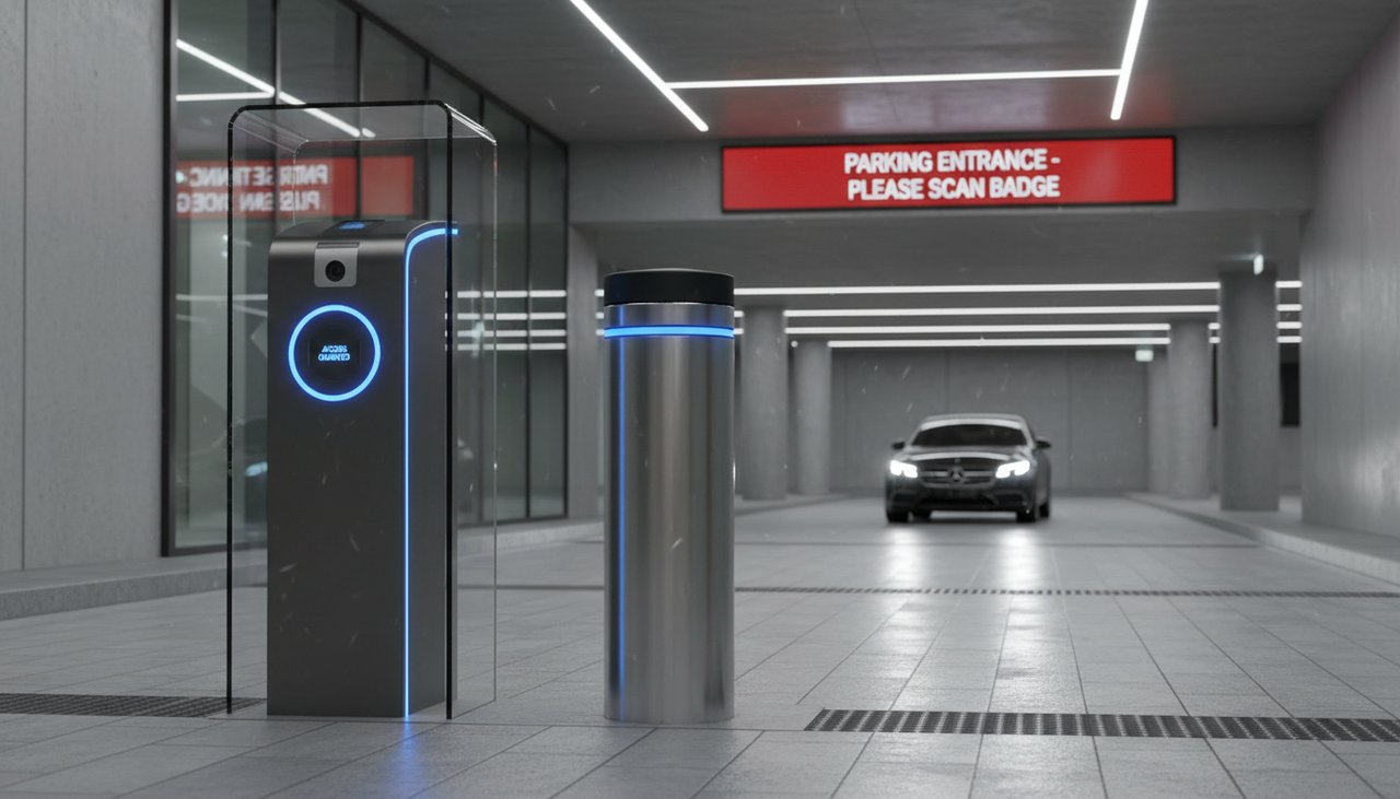 Borne de parking automatique électrique en position relevée à l'entrée d'un parking