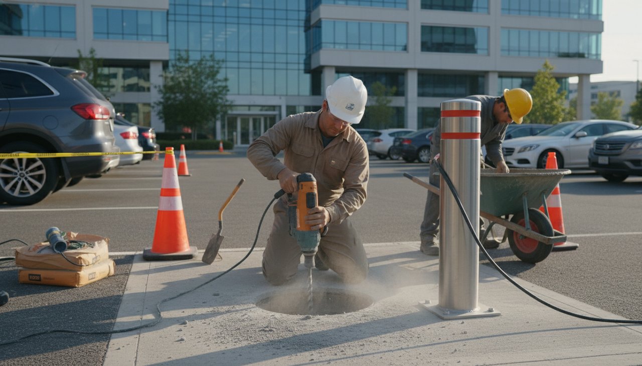 Pose d'une borne escamotable par un technicien sur un parking d'entreprise