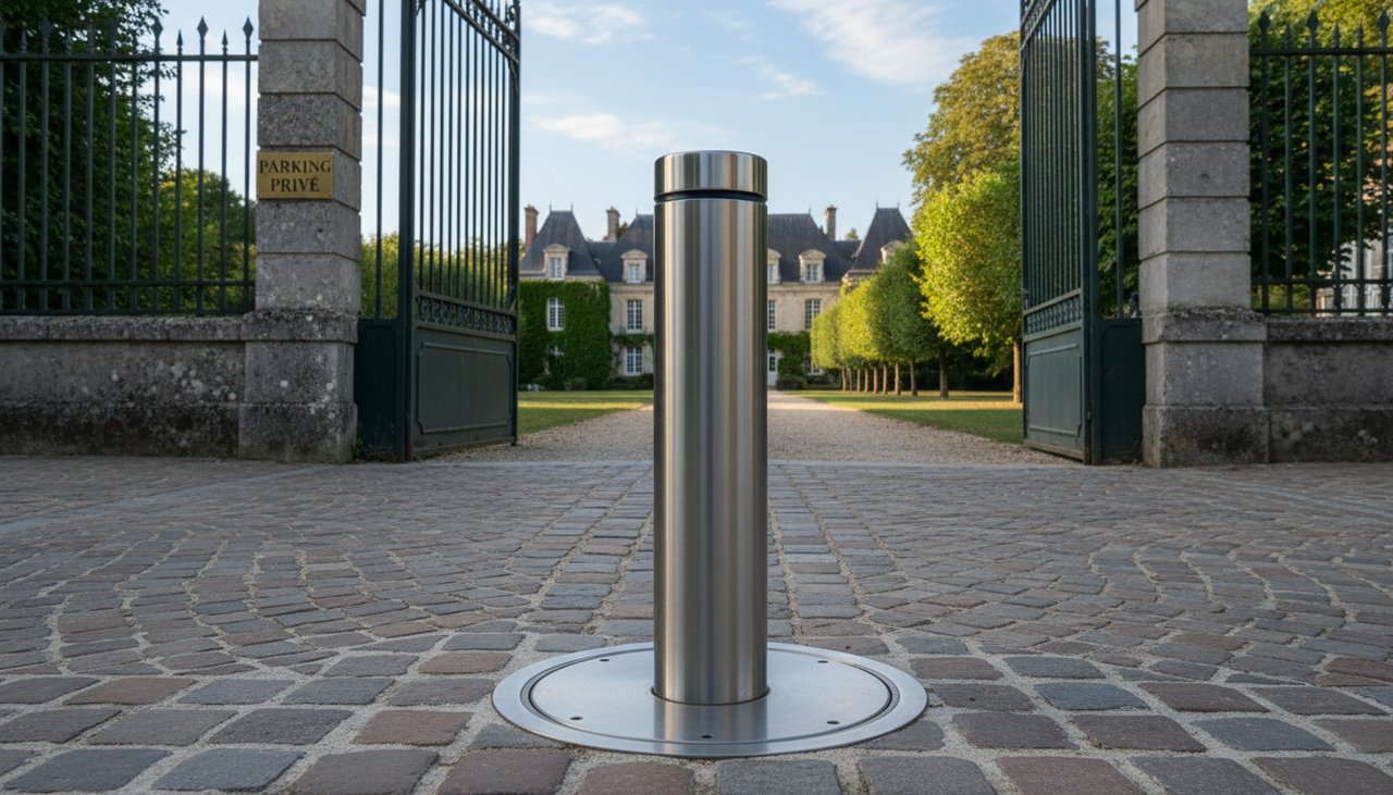 Borne rétractable de parking à l'entrée d'un site privé en France
