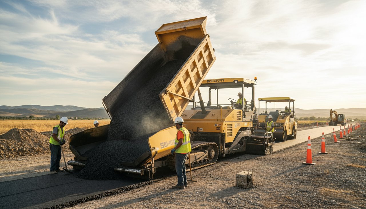 Camion benne deversant de l'enrobé chaud sur une finisseuse en chantier