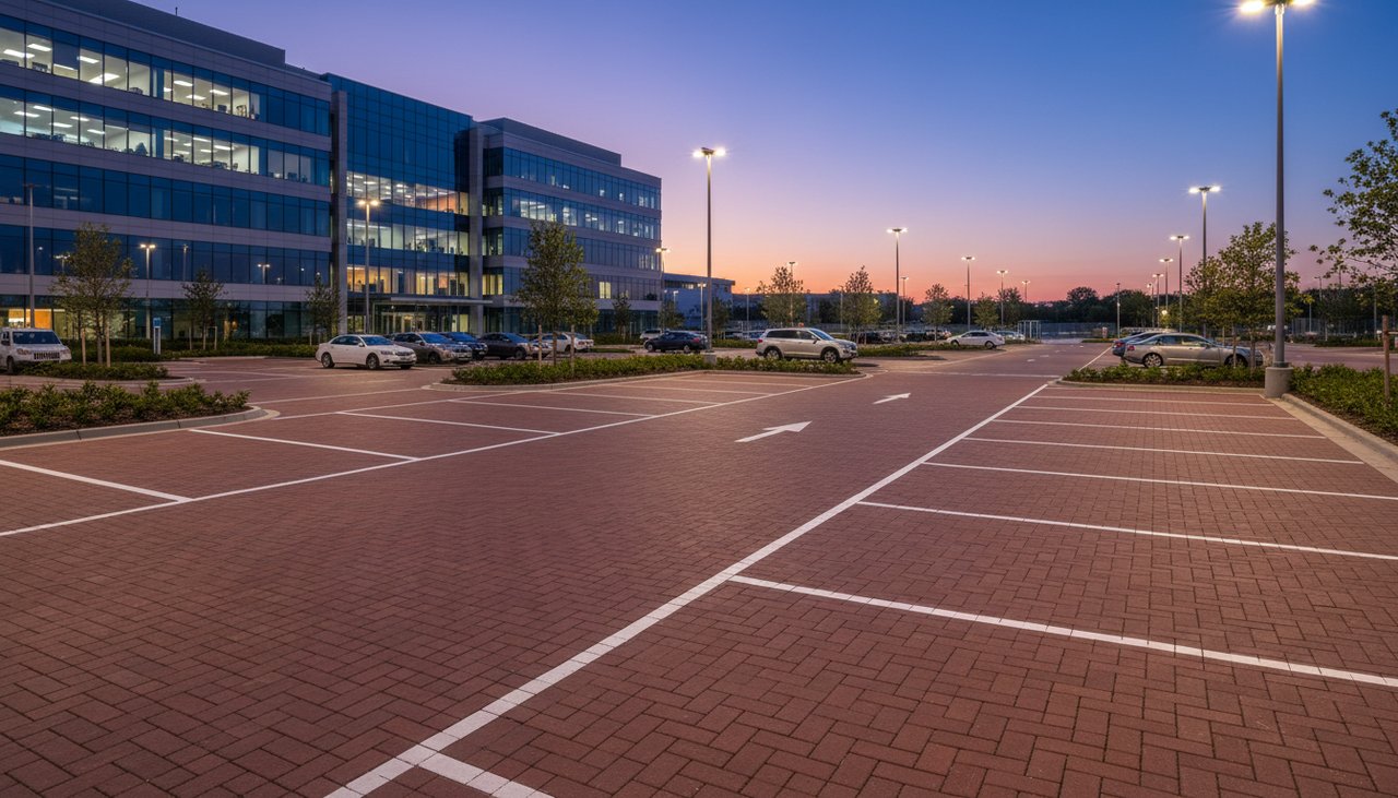 Parking d'entreprise avec enrobé rouge brique et marquage au sol blanc