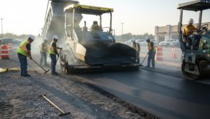 Equipe de chantier appliquant un enrobé bitumeux noir sur une voie de parking
