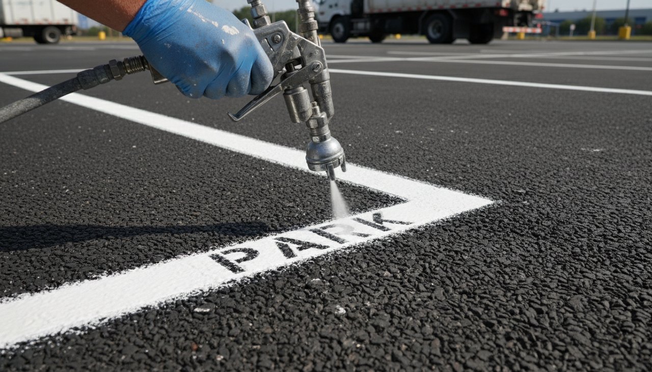 Gros plan sur une ligne de marquage blanche fraîchement appliquée sur le bitume d'un parking avec pochoir et pistolet de peinture