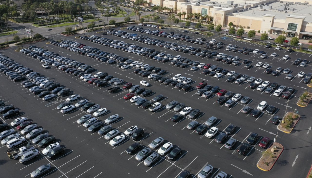 Parking de centre commercial avec lignes blanches très nettes vues en plongée et voitures garées soigneusement