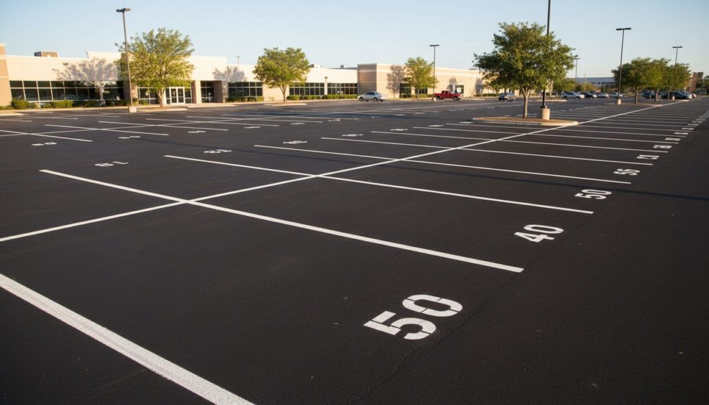 Parking extérieur avec places fraîchement peintes en blanc sur bitume noir, lignes nettes et numérotation visible