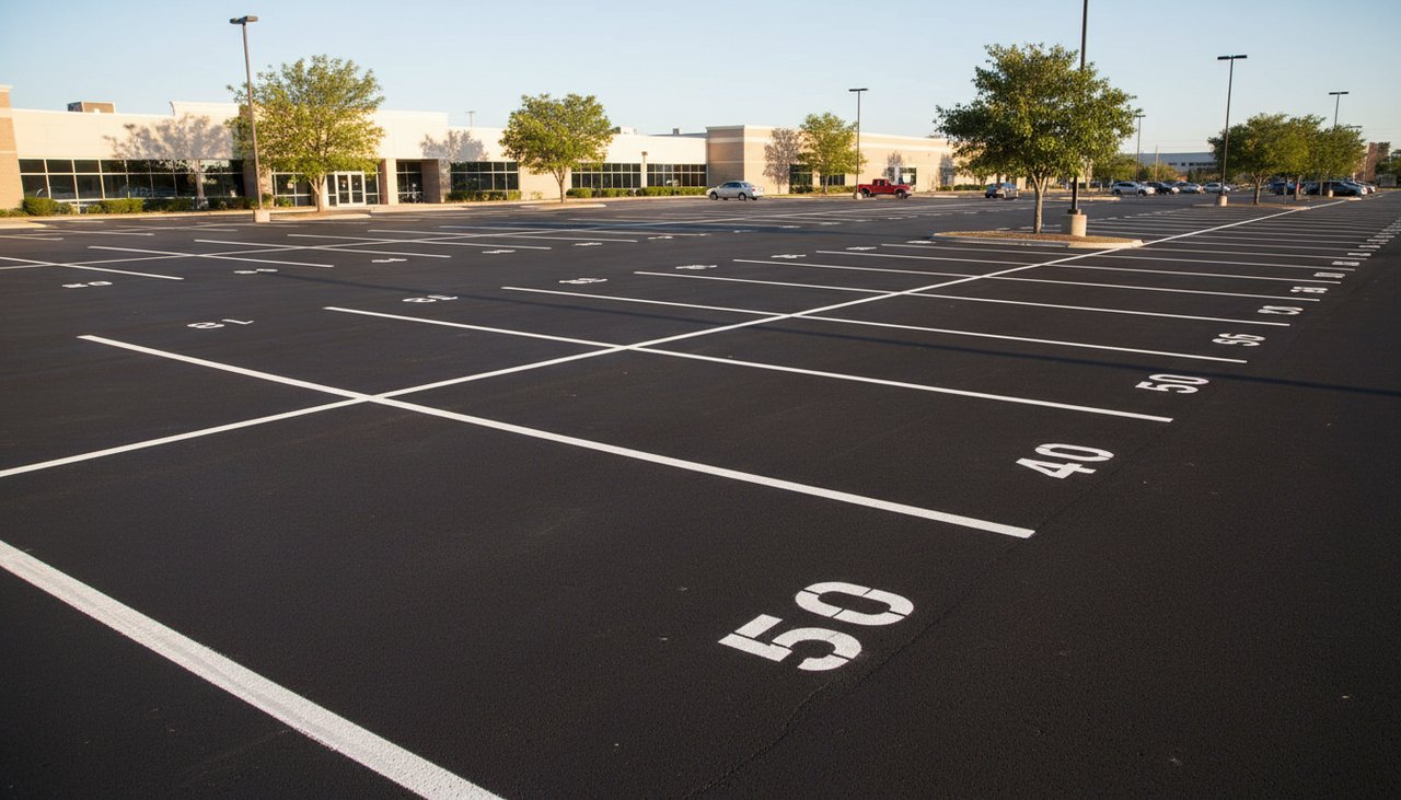 Parking extérieur avec places fraîchement peintes en blanc sur bitume noir, lignes nettes et numérotation visible