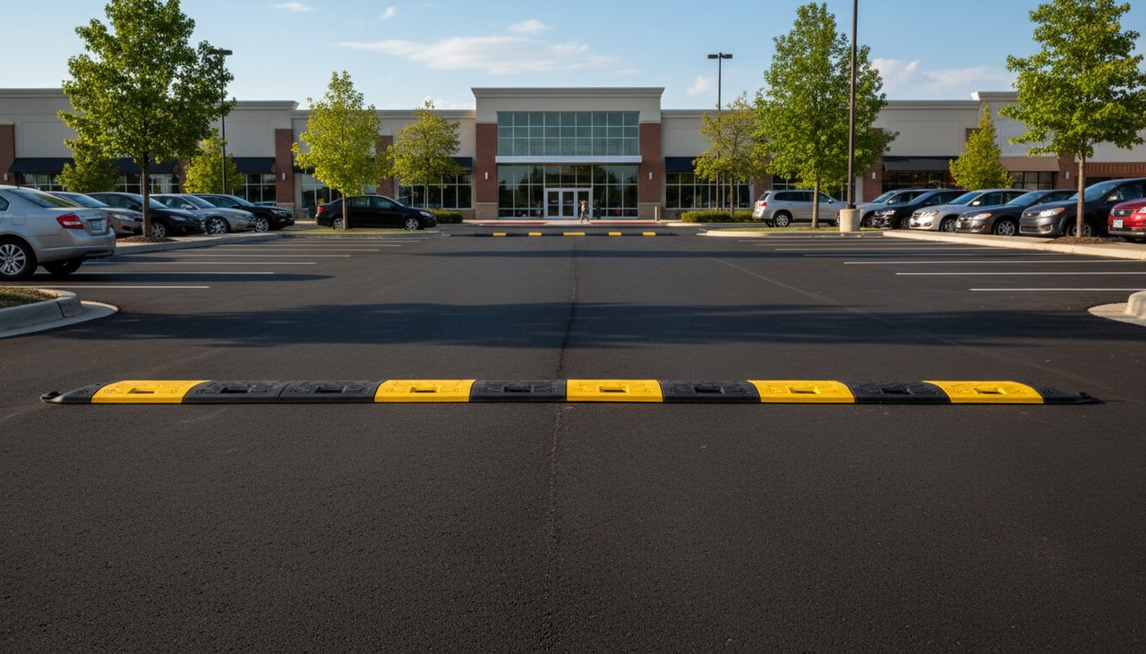 Ralentisseur en caoutchouc noir et jaune installé dans un parking d'entreprise