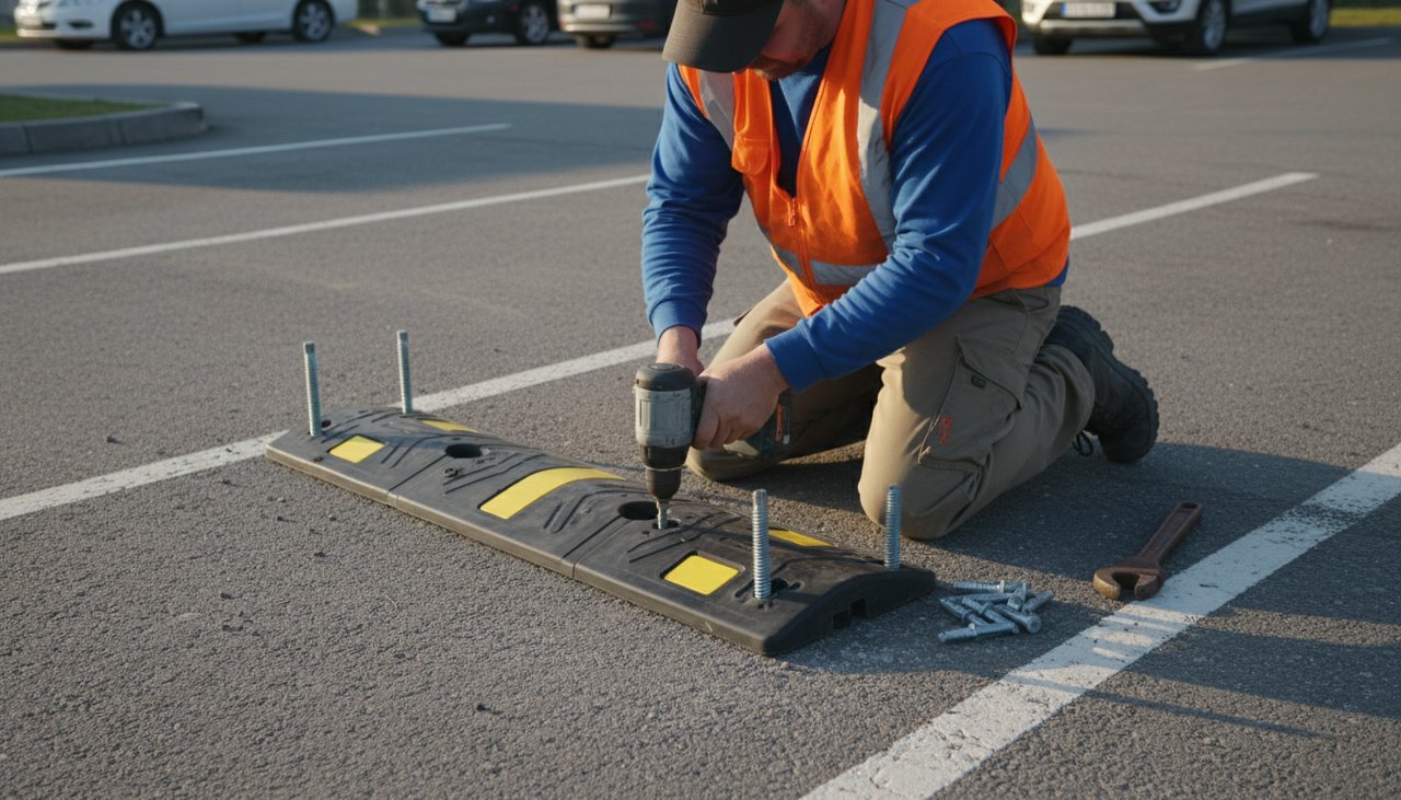 Ouvrier installant un ralentisseur en caoutchouc avec fixations sur parking d'entreprise