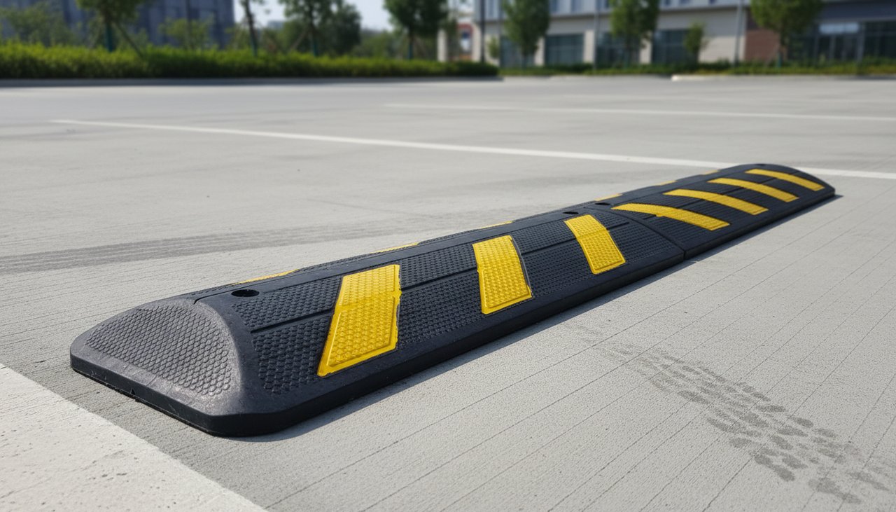 Ralentisseur en caoutchouc en bon état avec marquage thermoplastique jaune frais sur parking propre
