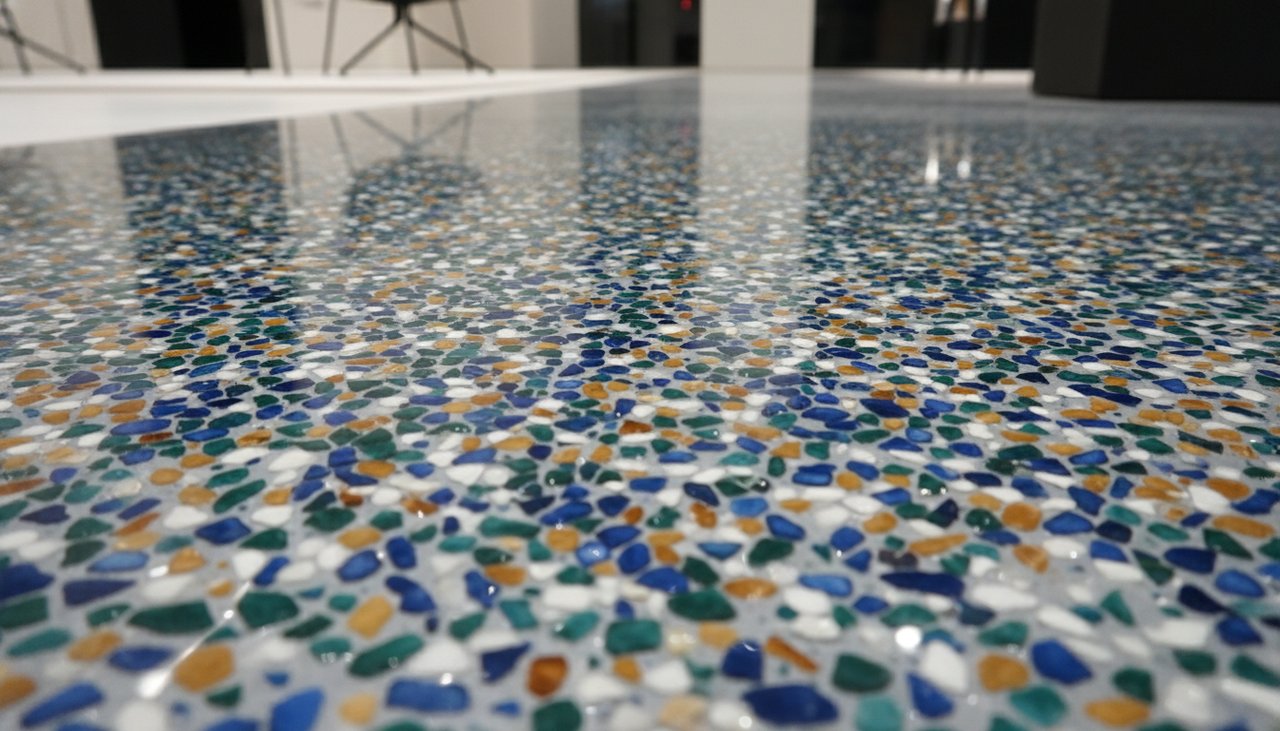 Détail d'un sol décoratif en résine colorée avec effets de transparence et granulats incorporés