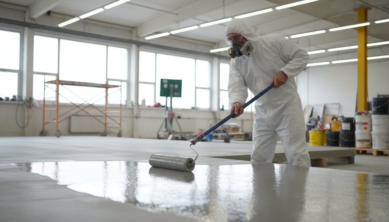 Applicateur en combinaison étalant une résine époxy grise au rouleau sur un sol béton fraîchement préparé