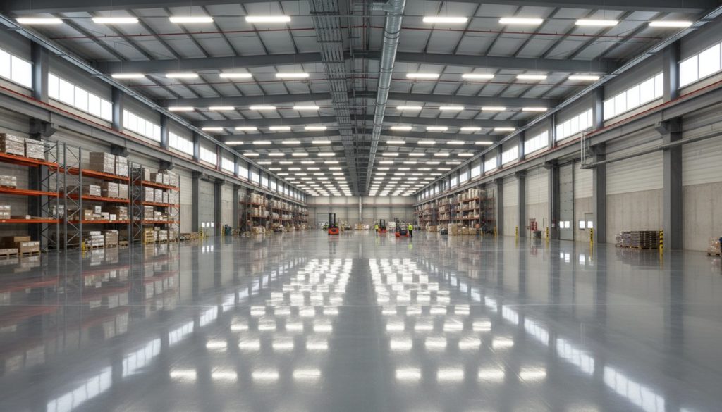 Sol industriel en résine époxy gris brillant fraîchement appliqué dans un hangar professionnel