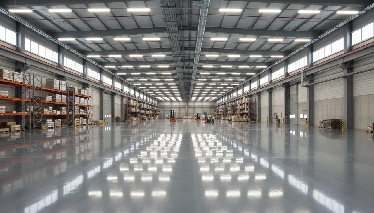 Sol industriel en résine époxy gris brillant fraîchement appliqué dans un hangar professionnel