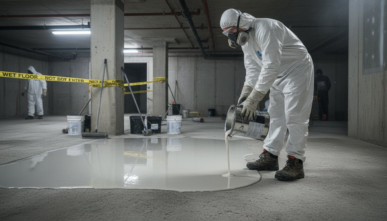 Applicateur professionnel coulant de la résine époxy sur la dalle béton d'un parking souterrain