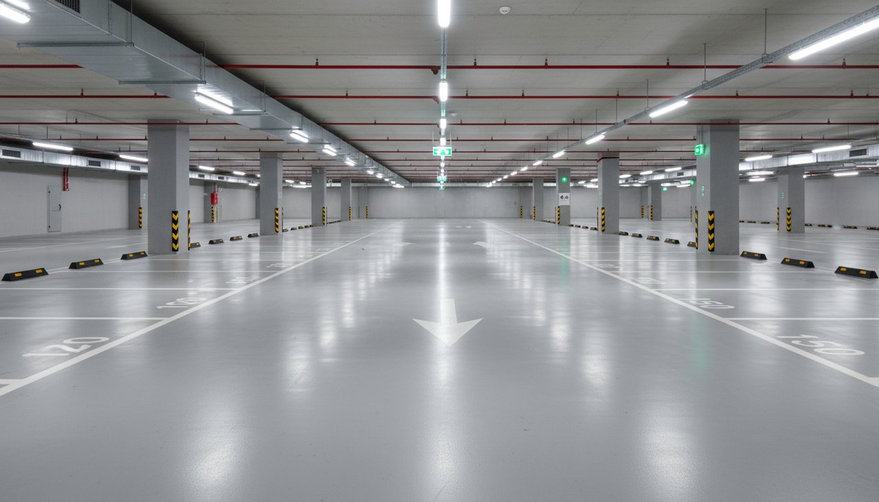Vue d'ensemble d'un parking avec lignes de marquage blanches fraîches et numéros de places