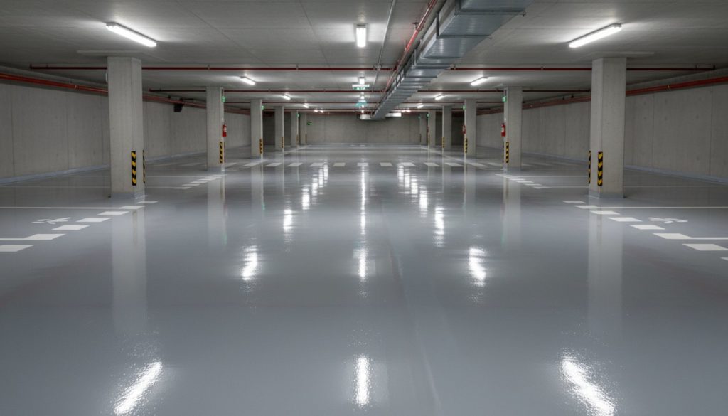 Parking souterrain d'immeuble après application d'une résine époxy grise avec marquage au sol