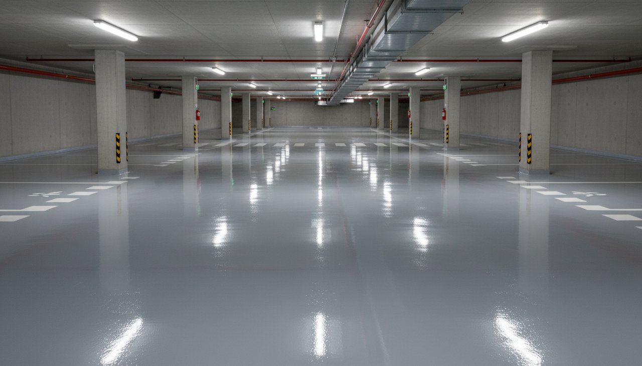 Parking souterrain d'immeuble après application d'une résine époxy grise avec marquage au sol